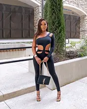 

Wishyear 2022 Sexy Cut Out Bodycon Jumpsuit Clubwear Outfits for Women One Shoulder Backless One Piece Long Sleeve Romper
