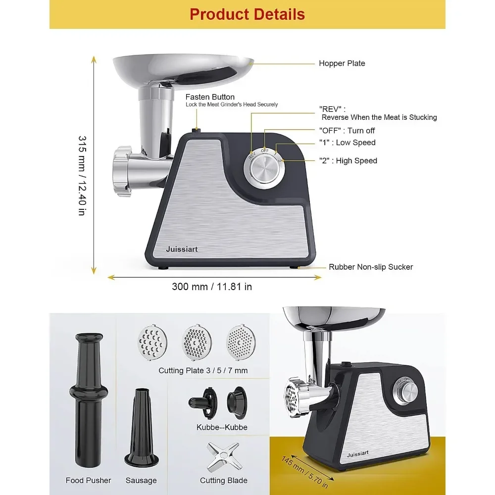 Meat Grinder, 2500W Max Meat Grinder Electric w/Stainless Steel Blade, 3/5/7 Grinding Plates, Sausage Stuffer Tube & Kibbeh Kit 5