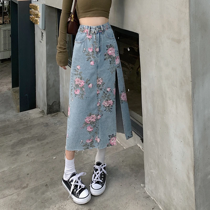 

Korean Split Printed Denim Skirt Women's Summer New High Waist Slim Bodycon Medium Length Skirt