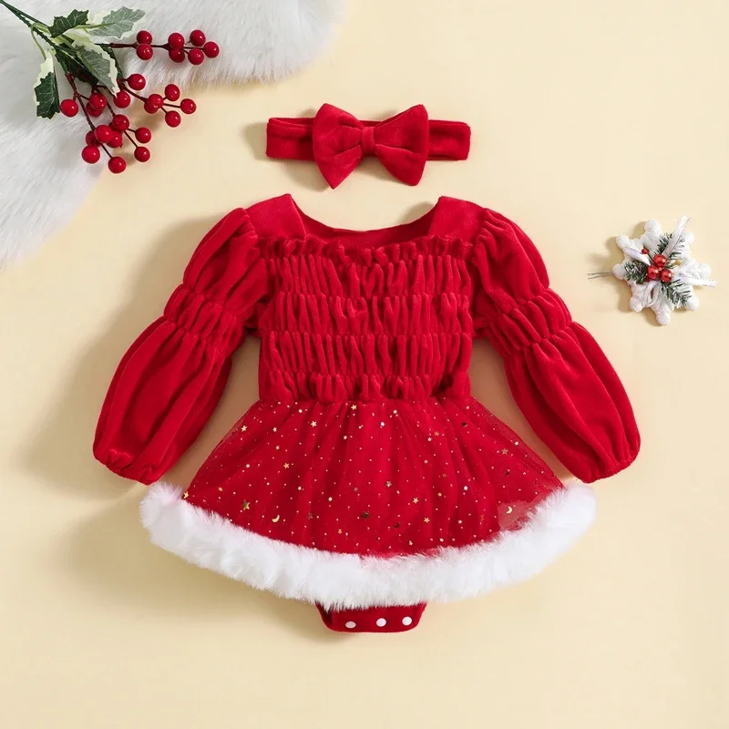 Baby Girls Christmas Corduroy Romper Dress Red Long Sleeve Star Moon Print Ruched Romper with Headband Baby Xmas Costume