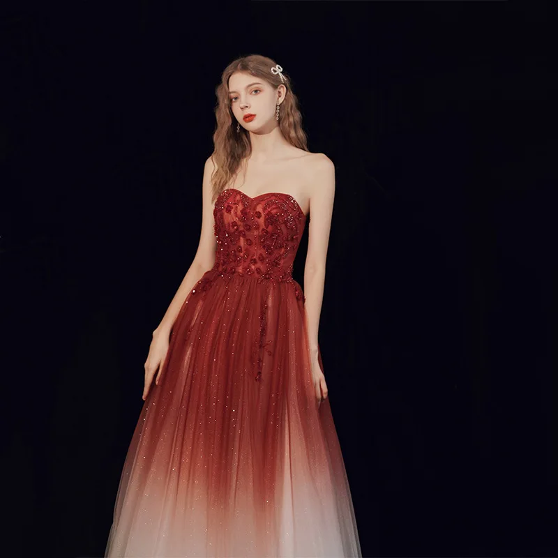 

Elegant Tube Top Long Tulle Wedding Dresses Women Burgundy Beading Prom Party Toast Clothing Robe de soiree