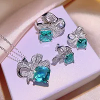 Luxurious Bow Emerald Ring Necklace Earrings Colorful Zircon Women's for Three Piece Set Jewelry Wedding Bridal Accessories