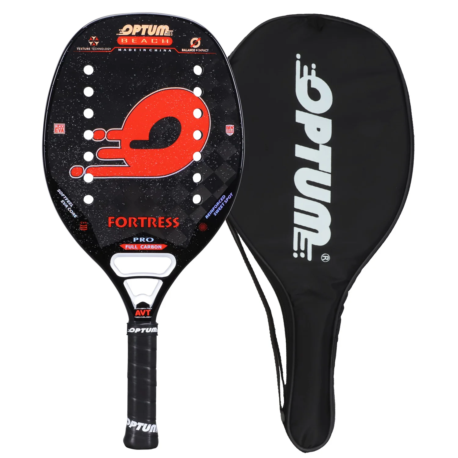 OPTUM FORTRESS 18K Carbon Fiber Rough Surface 14 Holes Beach Tennis Racket With Cover Bag