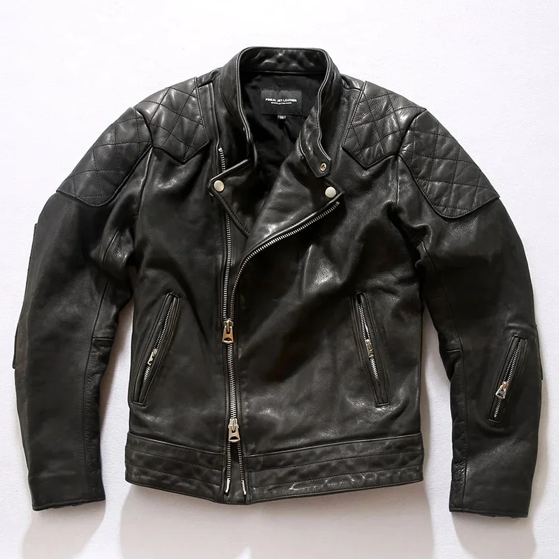 

Japanese Pei same paragraph stand collar biker leather jacket slant zipper heavy washed vegetable tanned cowhide