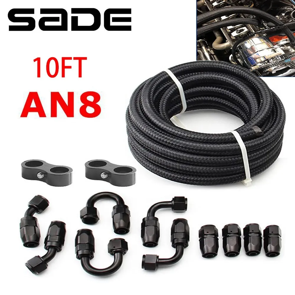 16FT 6AN 3/8 ID Nylon Stainless Steel Braided CPE 8.71mm Fuel Line with 10PCS Swivel Hose End Fittings Adapter Kit Universal Black 