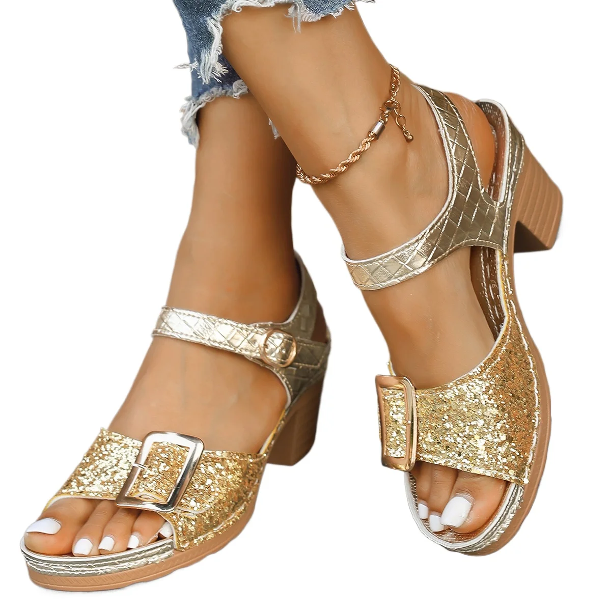 Plus Size Shoes for Women 36-43 Summer Fashion Sequin High Heel Platform Sandals Casual Peep Toe Buckle Strap Sandalias De Mujer