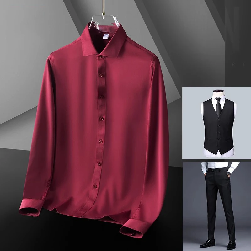 

LE46Men's wedding burgundy short-sleeved shirt groom's wedding suit wedding suit father-in-law suit long-sleeved shirt engagemen