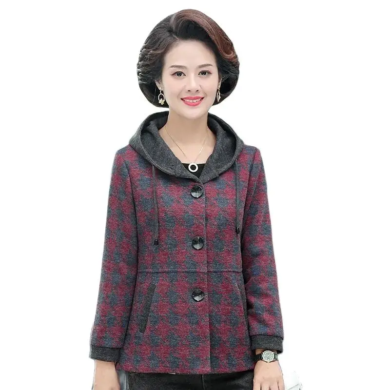 

Middle-Aged Elderly Women's Woolen Coat Spring Autumn Loose Casual Hooded Jacket High Quality Thin Woolen Blend Plaid Outerwear