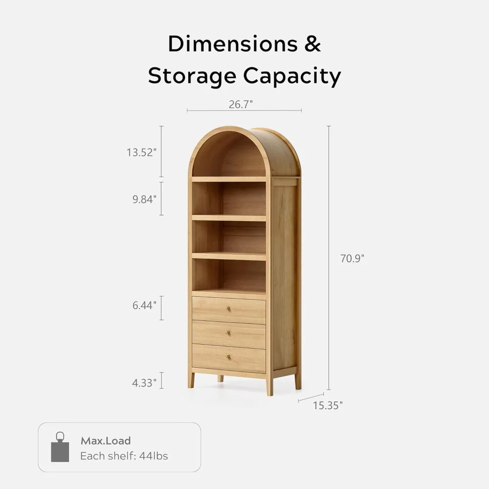 71" Tall Arched Cabinet, 4-Tier Arched Bookcase Storage Display Cabinet with 3 Drawers and Shelves, Modern Farmhouse Bookshelf 2