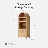 71" Tall Arched Cabinet, 4-Tier Arched Bookcase Storage Display Cabinet with 3 Drawers and Shelves, Modern Farmhouse Bookshelf 2