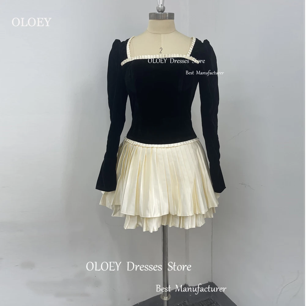 

OLOEY Mini Short Velvet Party Cocktail Dresses Long Sleeves Pleats Satin Square Neck Prom Gowns Night Event Formal Dress