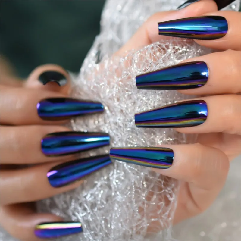 Chrome Diamond Blue Press On Fingernails Metallic Mirror Holo Fake Nails Extra Long Ladies Designed Tips for Finger