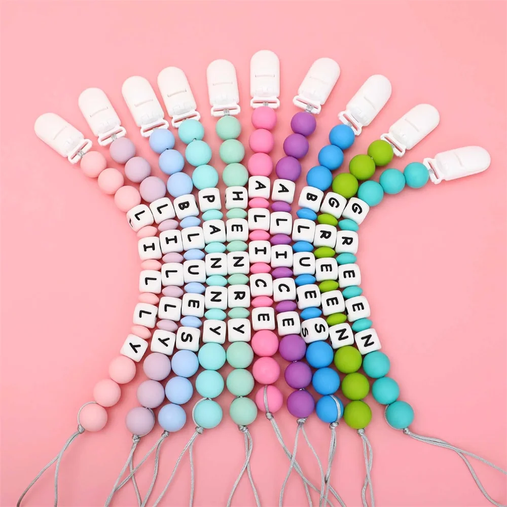 2pcs Solid Color Baby Pacifier Holder Personalize Name Custom Newborn Dummy Nipple Chain Babies Accessories Teething Toys Gifts