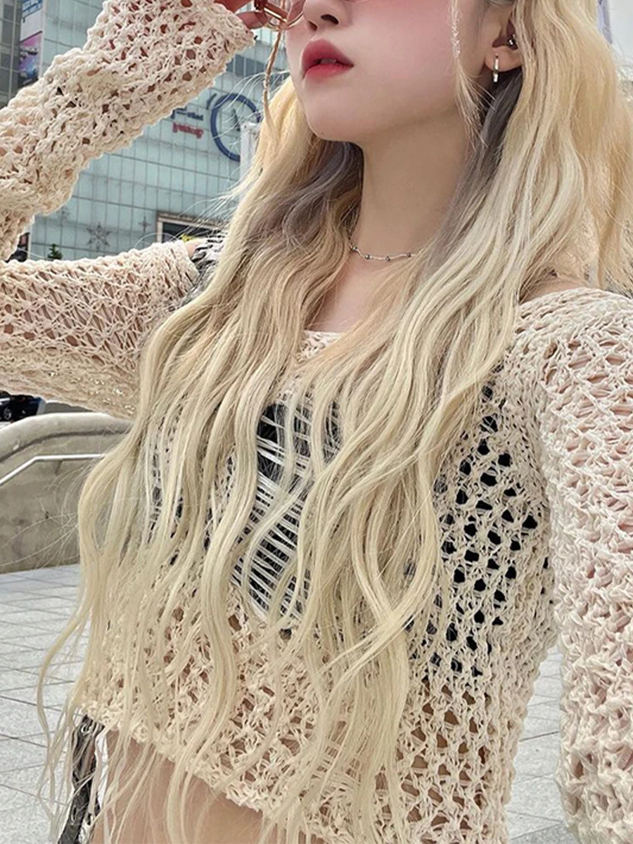 

Women s Long Sleeved Knitted Cardigan with Lace Up Hollowed Out Solid Color Spring Autumn Daily Casual Sweater