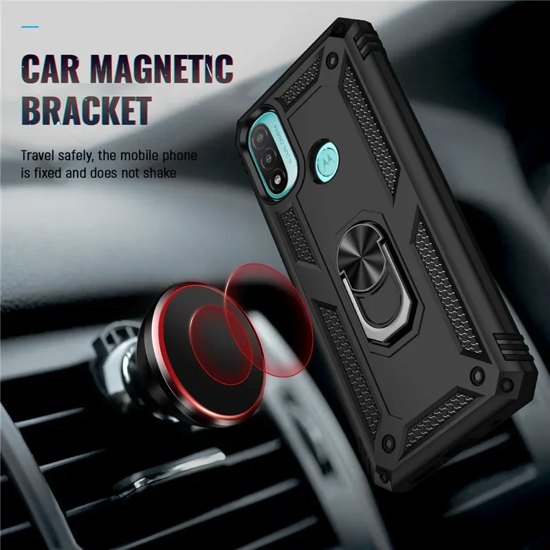 Rugged Shockproof Magnetic Car Holder Ring Case with Protective Back Cover for Motorola Moto E Series
