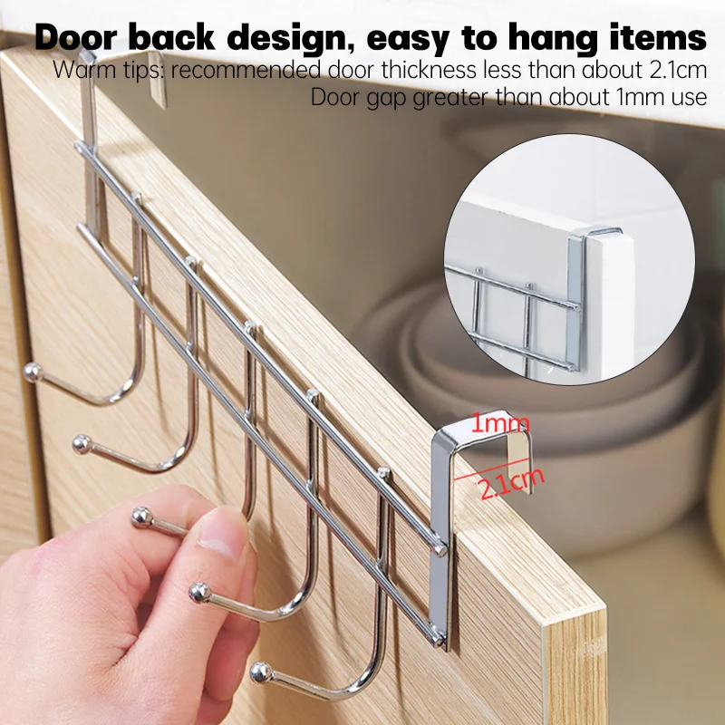1pcs Stainless Steel Cabinet Hook No Punching 5-Hook Multifunctional Towel Coat Hanger Rack Durable Bathroom Kitchen Organizer