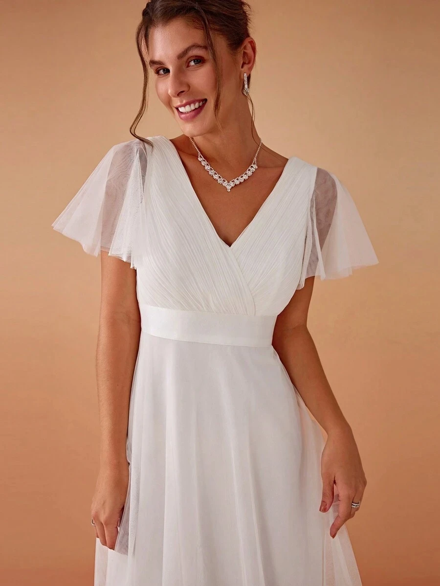 MisShow Elegant Wedding Dresses Ivory White Sexy V-Neck Backless Sheer Short Sleeve Bridal Gowns A-Line Maxi Womens Party Dress 5