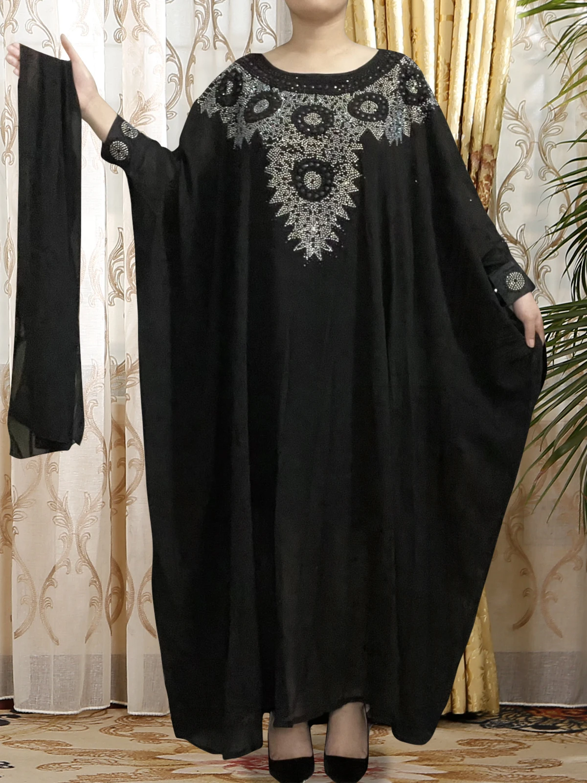 African Dresses For Women Muslim Boubou Robe 2022 Novelty Maxi Clothes Purple Color Eid O-neck New Beading Embroider With Hijab