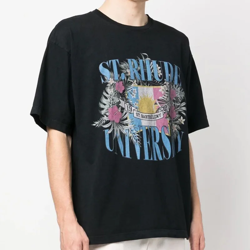 

Black White Apricot Color RHUDE O-Neck T Shirt Men Women 1:1 Best Quality Flower Letters Logo T-shirts Casual Top Tee