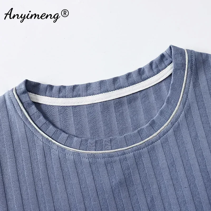 Men Plus Size Luxury Summer Nightwear Knitted Cotton Pajamas Set Short Sleeved Long Pants Fashion Elegant Leisure Sleepwear