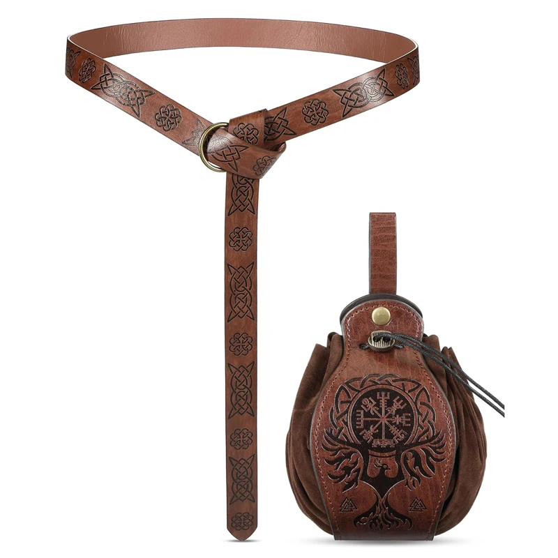 1 Stück/2 Stück Mittelalterlicher Retro-Gürtel, Unisex-Leder-Geldbörsen-Set, Renaissance-Wikinger-Ritter-Accessoires, Runde Ringgürtelschnalle, Renaissance