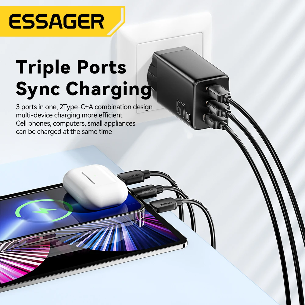 Essager GaN USB Type C Charger 67W 45W 33W KR EU Plug Fast Charging For Samsung iPhone 16 15 14 Pro Huawei Phone Laptop Chagers