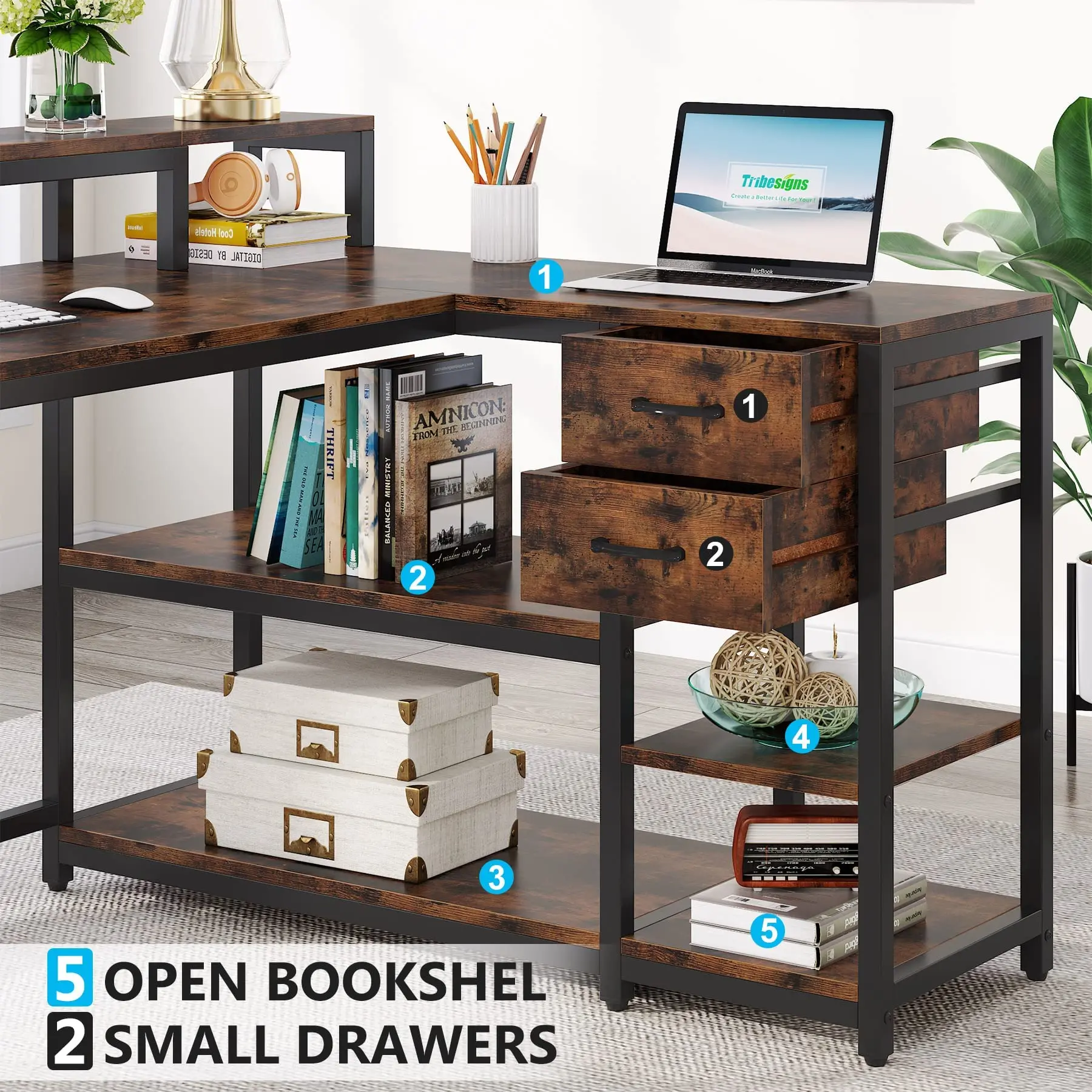 Tribesigns reversible L shaped electric computer desk with drawer industrial corner desk home office table with shelves and monitor stand