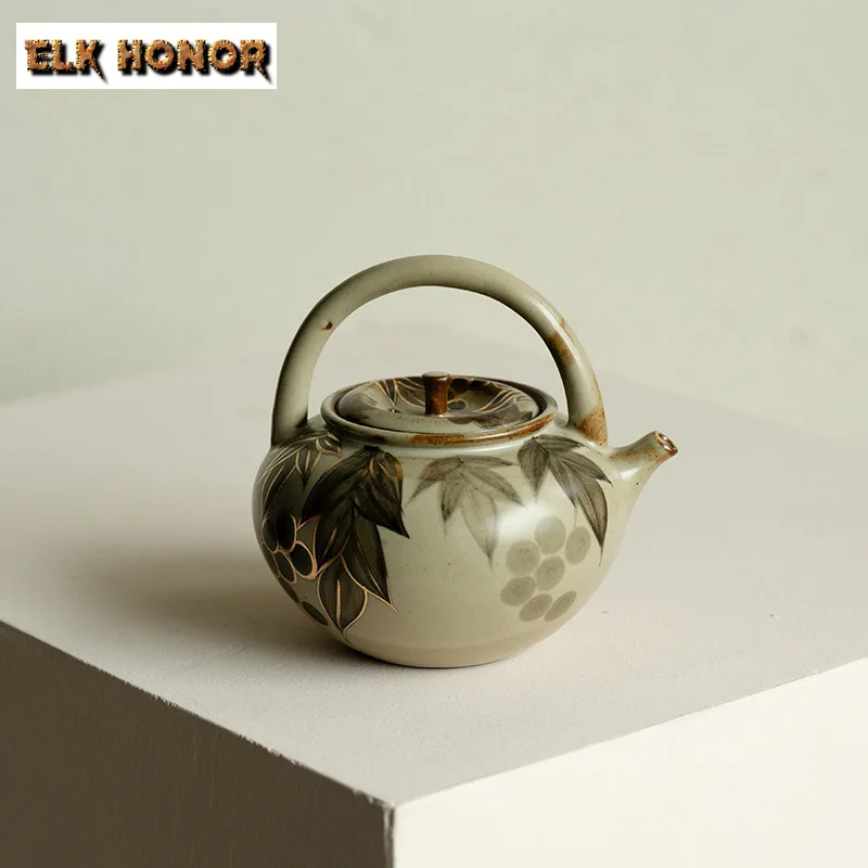 Gold Drawing Teapot Warmer Set Antique Hand-painted Grape Candle Heating Furnace Aesthetic Tea Stove Kettle Stand For Tea Gift