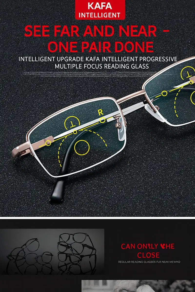 Anpassung Photochrome Multifokale Lesebrille Männer Progressive Anti-Blue Ray Business Brille Halbrahmen Brillen 1,0-3,5 – Detail 1
