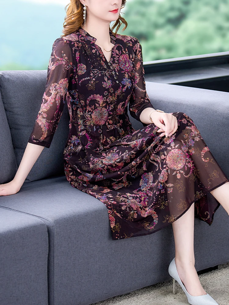 

2023 Spring Summer Floral Mesh Vintage Dress Women Elegant Midi Bodycon Evening V-Neck Fashion Festa Luxo Slim Prom Dresses