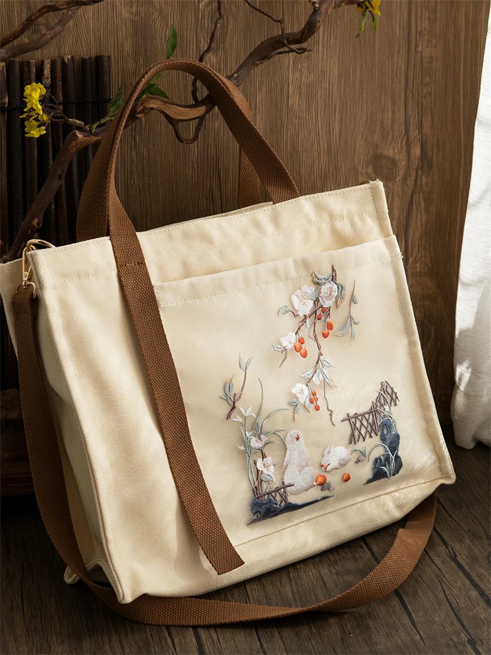 1pcs New Chinese Ancient Style Tote Shoulder Bag Hanfu Satchel Canvas Embroidery Large-capacity Handbag Zipper Crossbody Gift 4