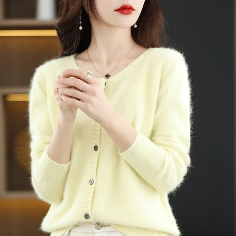 

Autumn And Winter Pure Mink Cashmere Cardigan Ladies Round Neck Knitted Coat Long Sleeve Loose Cashmere Sweater Coat Outside