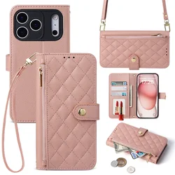 Elegant Leather Crossbody Wallet and Card Holder with Protective Phone Case and Lanyard - iPhone 15 (Pink)