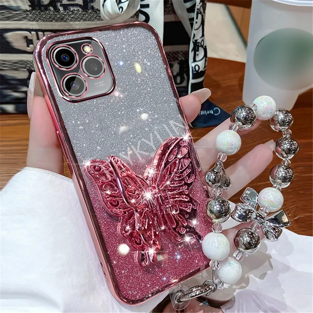 3D Butterfly Stand Holder Glitter Case with Lanyard