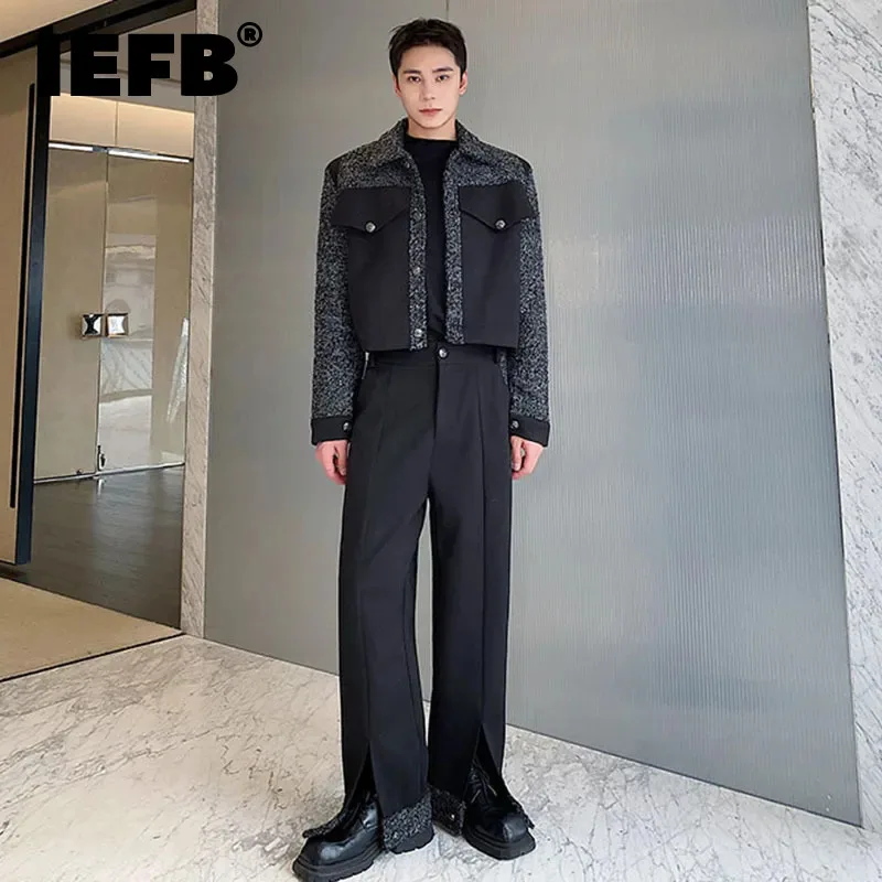 

IEFB Korean Style Men's Set Autumn Winter Thickened Wool Short Coat Two Piece Trend Male Straight Leg Split SweatPants 9C2749