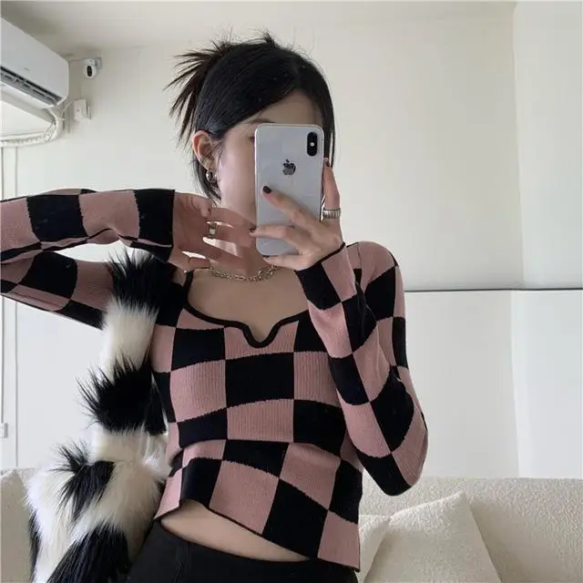 Tonngirls Knitted T Shirt Women Long Sleeve Checkerboard Plaid Square Collar Ladies Tops 2022 Korean Slim Skinny Cropped Tees cheap graphic tees Tees