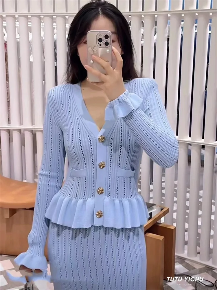 Autumn Knit 2 Piece-Set Long Skirt For Women V-Neck Ruffled Ribbed Elegant Party Looks Outfits Female Knitwear Slim Sets