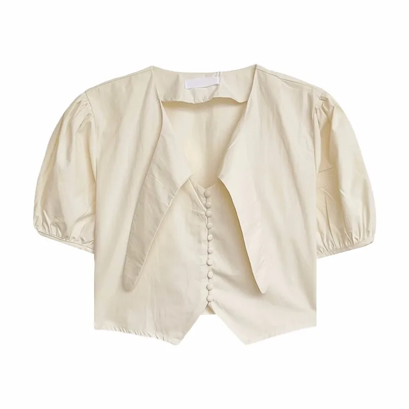 

French solid color V-neck high waisted short chiffon bubble sleeve shirt