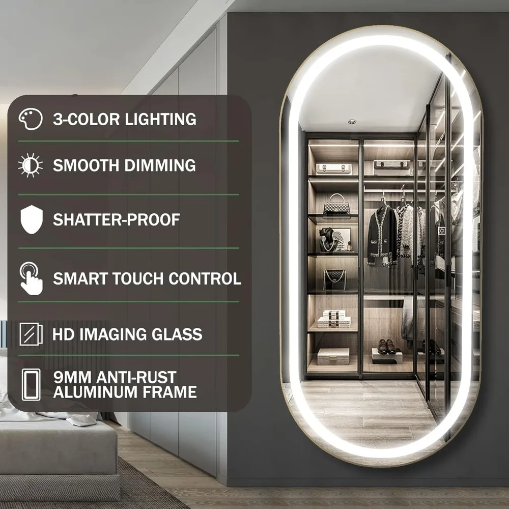 LED Lighted Full Body Dressing Mirror for Bedroom Salon Shower Mirrors Dimmable & 3-Color Lighting [Tempered Glass] Miror Miroir
