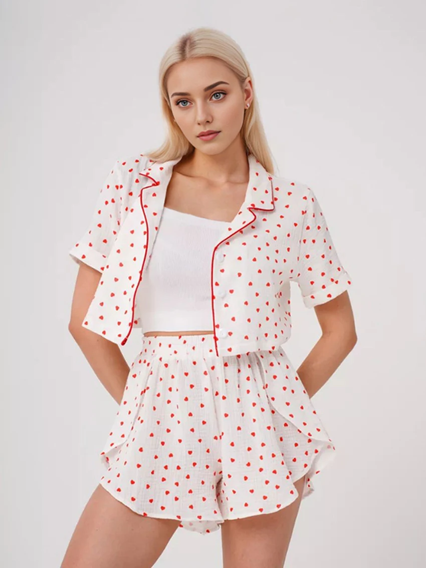Marthaqiqi Printing Casual Ladies Sleepwear Set Turn-Down Collar Pajama Short Sleeve Pijama Crop Top Nightie Shorts Home Clothes