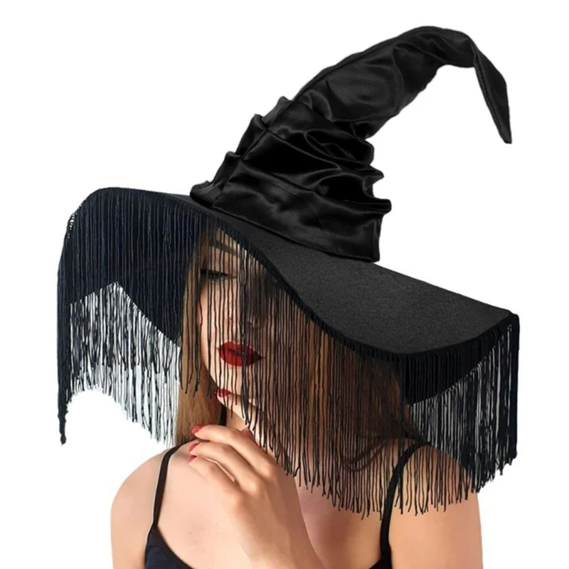 

Черная шляпа ведьмы для Хэллоуина, вечерняя шляпа с широкими полями, женская шапка ведьмы, шляпа волшебника, карнавальный ночной
