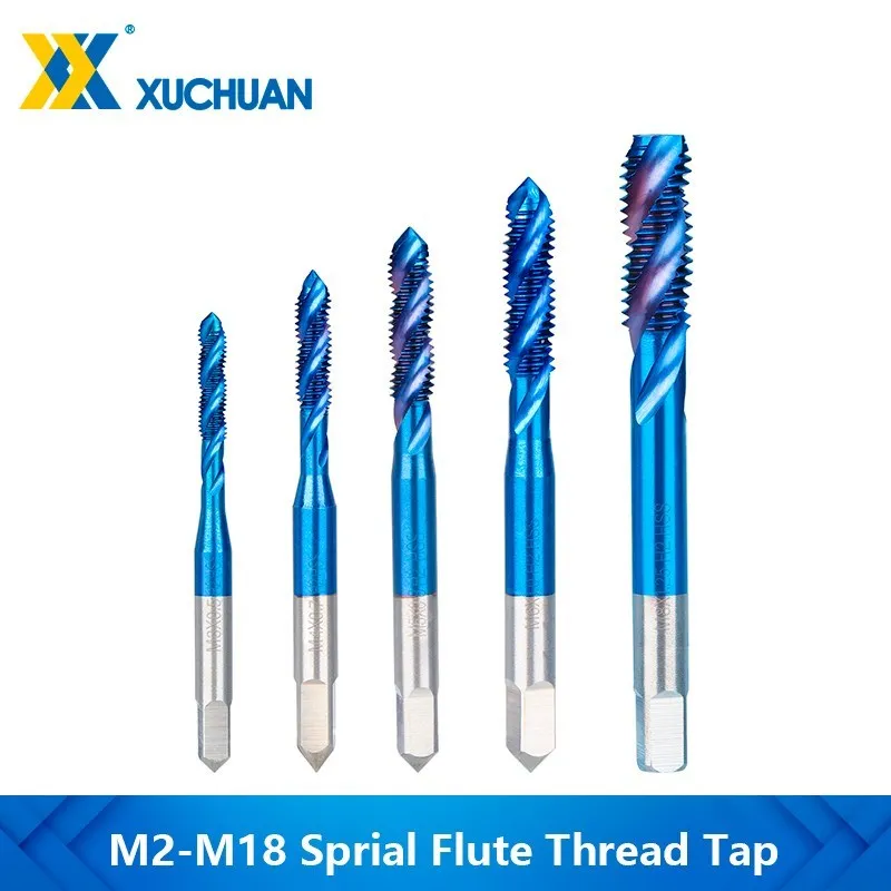 HSS Sprial 플루트 스레드 탭 M2-M18, 나노 블루 코팅 기계 플러그 탭, 메트릭 탭, 금속 가공 도구용 수공구