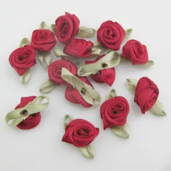 Vibrant Fabric Ribbon Rose Rosettes with Leaf - Set of 50 Flower Embellishments for DIY Crafts & Sewing Supplies (10 wine)
