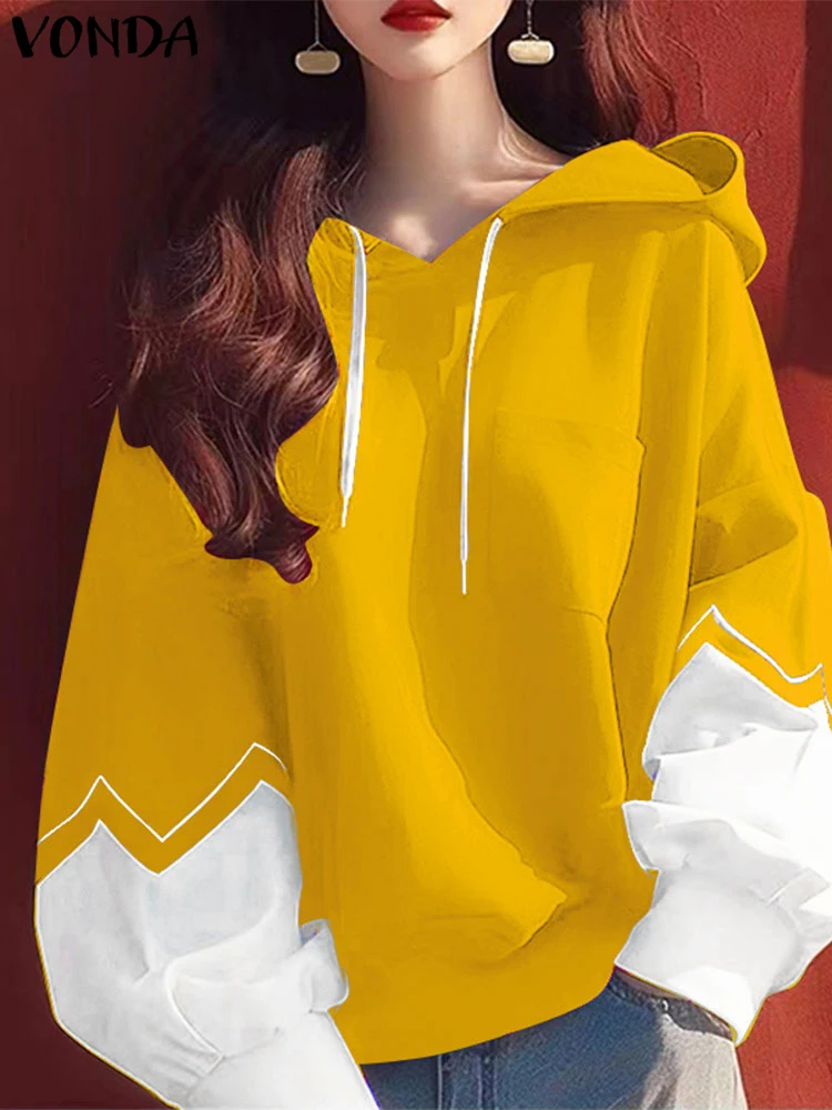 VONDA Women 2025 Hoodies Pullovers Casual Long Sleeve Autumn Sweateshirts Oversized Lantern Sleeve Patchwork Tops Femininas 3