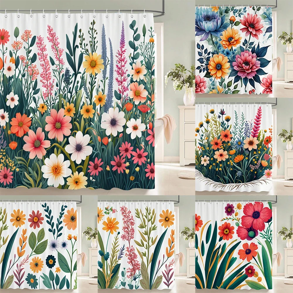 ดอกไม้ที่สวยงามผ้าม่าน,สีน้ําใบด้านบนพืชดอกไม้ตกแต่งห้องน้ําชุดผ้าม่านอาบน้ําพร้อมตะขอ 1