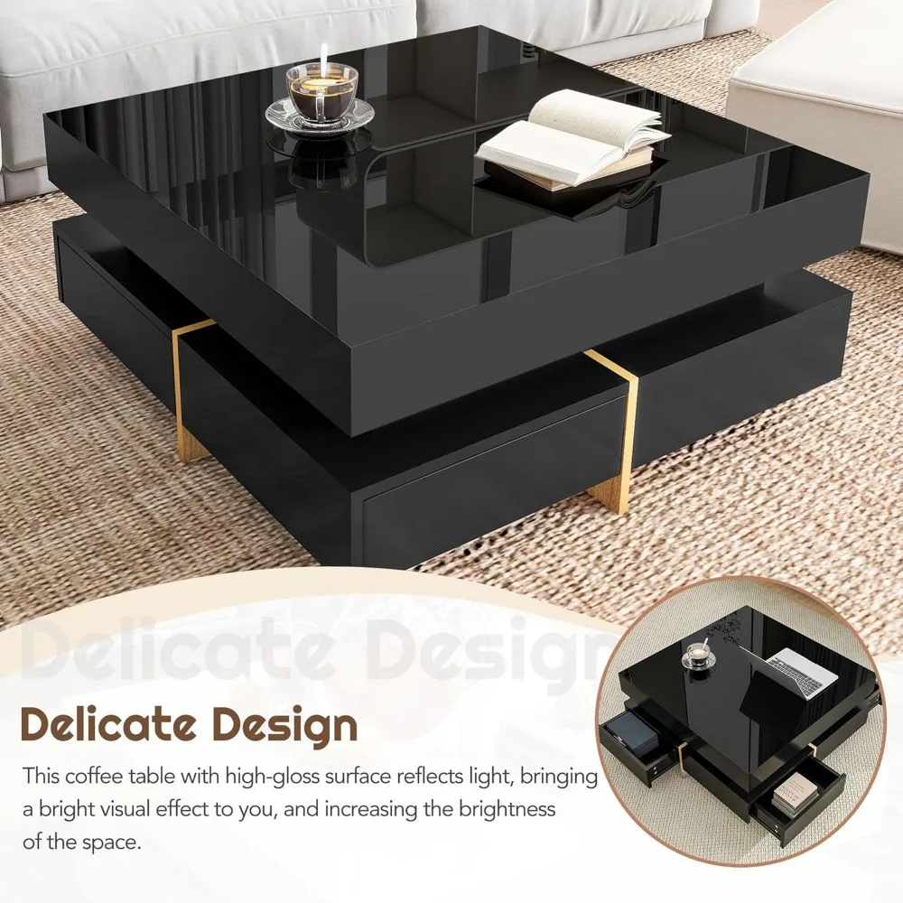 Modern Coffee Table with Storage, Contemporary Square Coffee Table with Drawers, High Gloss Modern Center Table 3