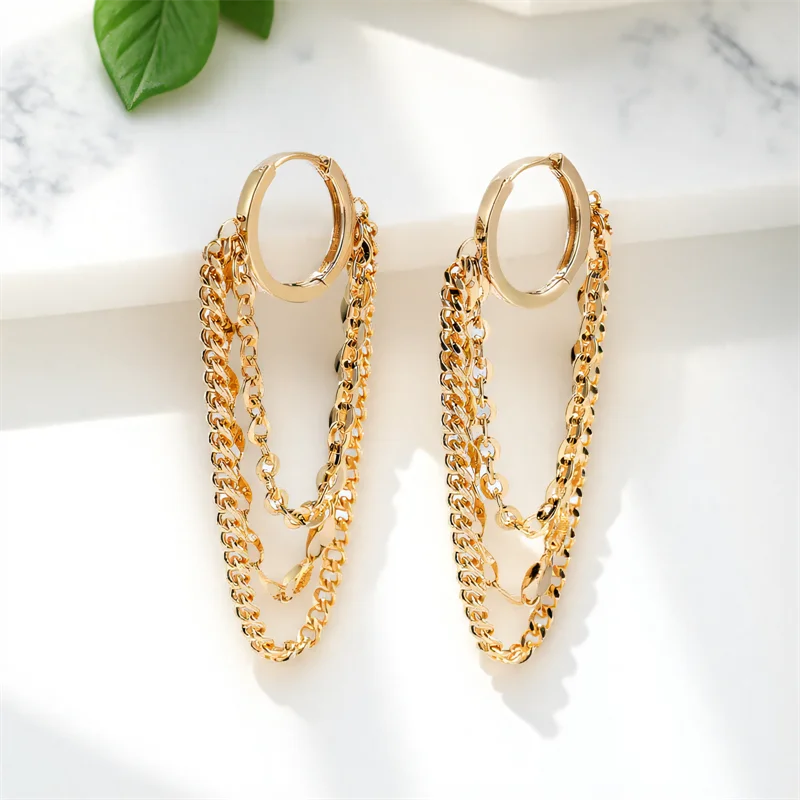 Hip Hop Punk Long Tassel Metal Chains Hoop Earrings For Women Men Vintage Black Rose Gold Silver Color Earring Jewelry Accessory