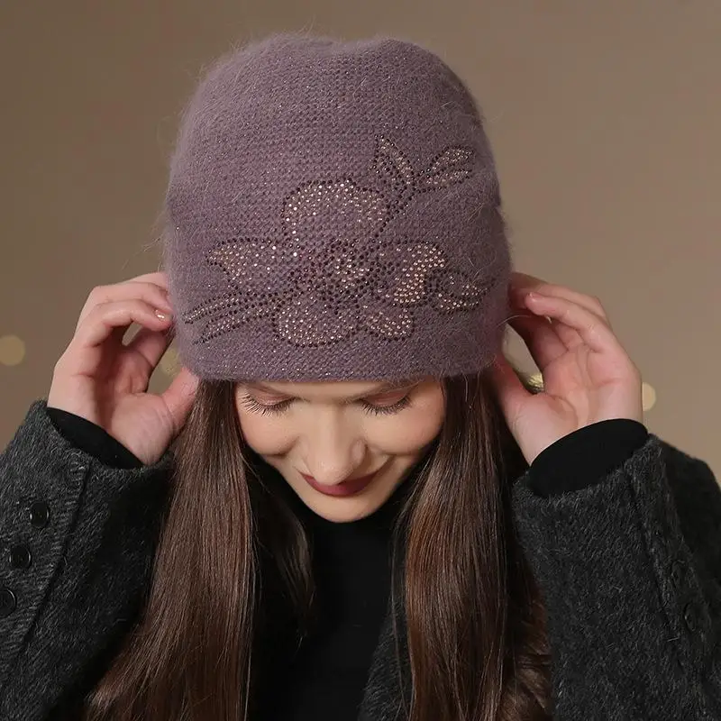 New Women Winter Hat Fashion Decorate Beanie Hat Rabbit Fur Blend Warm Winter Cap For Female Casual Streetwear Knitted Hat 6