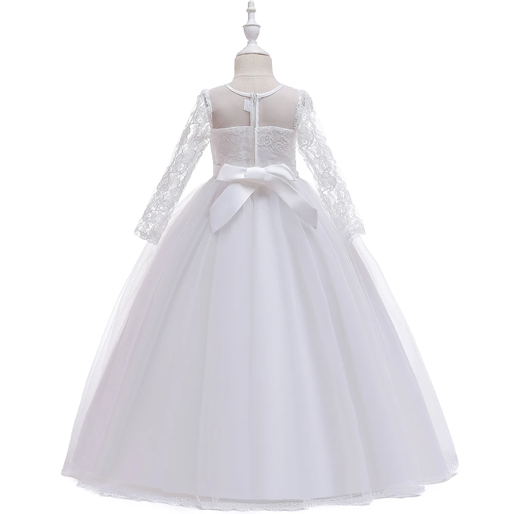 Wedding Dress For Girls Elegant White Bridesmaid Lace Flower Long Sleeve Tutu Evening Gowns Bow Girl Party Dresses 8 12 Years