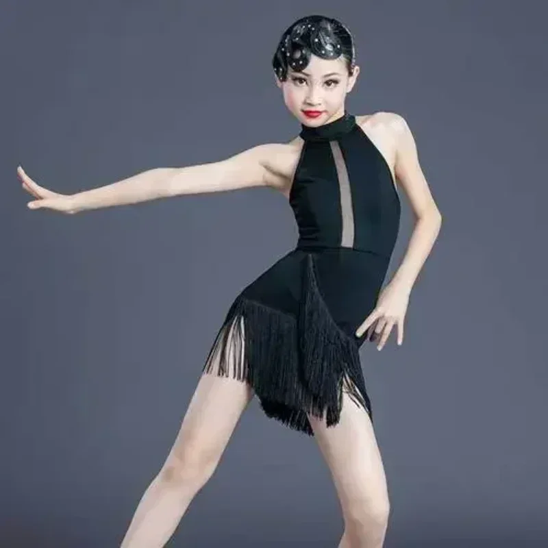 Girl Sexy Latin Dance Dress Black Children Professional Competition Ballroom Dance Dresses Tassel Tanggo Cha-cha Waltz Dancewear